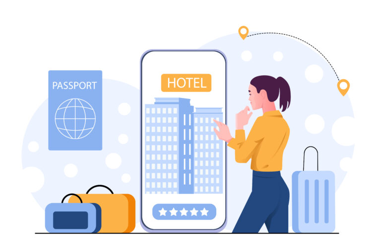 Woman booking hotel using smartphone app